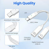 USB C Splitter 1 in 2 Out USB-C Headphone and Charging Adapter, Type-C PD 100W Quick Charge/Audio/Data Transfer Adapter - White