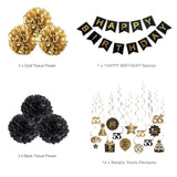 14PCS 55th Birthday Hanging Swirls, Black & Gold Streamers with Banner  Pompoms