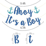 Ahoy It'S A Boy Banner, Sailor Themed Party Decor, Baby Shower Gender Reveal, Nautical Party Decorations (Blue Glitter)