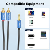 3.5mm Male to 2 RCA Phono Male Stereo Audio Cable, Aluminum Alloy Shell Gold-Plated RCA Audio Adapter Aux Cable, Blue, 6 Feet