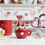 Red Valentine Gnome Couple In Coffee Cup, Valentine Gnomes For Table Decor, Red Small Gnome Figurine Set