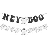 Pre-Strung Halloween Ghost Banner Garland 2pcs Glitter Hey Boo Banner for Indoor Outdoor Decor