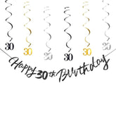 30Th Birthday Decorations For Boys Swirls Streamers Set, Hanging Vortex Happy 30Th Birthday Banner For Girls, Black And Gold 30 Birthday Decor Party Bunting