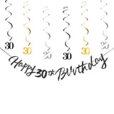 30Th Birthday Decorations For Boys Swirls Streamers Set, Hanging Vortex Happy 30Th Birthday Banner For Girls, Black And Gold 30 Birthday Decor Party Bunting
