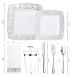 175PCS Silver Square Dinnerware Set β Plates, Cups, Napkins, Cutlery for 25