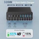 320W Usb C Charger Block, 10-Port Usb C Charging Station Gan Iii Pd 65W Pc Laptop Fast Charger Adapter For Macbook Pro/Air, Dell, Ipad, Iphone, Samsung Galaxy Black