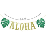 Hawaiian Aloha Banner Decorations With Palm Leaves Garland For Hawaiian Tropical Luau Beach Summer Party Supplies Decor Favors Bunting Photo Booth Props Sign (Gold & Green Glittery)