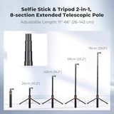 142cm/55.9" Telescopic Selfie Stick Tripod for Action Camera, 2-in-1 Portable Stand Handle Stick Pole for GoPro Hero 13/12/11/10/9/8, DJI Osmo Action