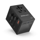 EZQuest WorldTravel 35W GaN 5-Port Wall Charger - Compact Universal Travel Adapter with 4 Plug Types (US/UK/EU/AU) for 200+ Countries - 4X USB-C & 1x USB-A Ports, PD Fast Charging - Black