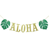 Hawaiian Aloha Banner Decorations With Palm Leaves Garland For Hawaiian Tropical Luau Beach Summer Party Supplies Decor Favors Bunting Photo Booth Props Sign (Gold & Green Glittery)