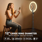 12" Selfie Ring Light with 63" Tripod Stand/Phone Holder, 20W LED Circle Lights Dimmable 3000-6500K with Remote Control and Built-in Rechargeable