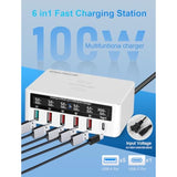 100W Usb Charging Station 6-Port With Wireless Charger, 5 Usb-A & 1 Usb-C Multi Device Charger Hub For Iphone Samsung Phones Tablets,Qi Charging Pad