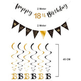 18th birthday kit with black-gold banner, bunting, swirls, and triangle flags