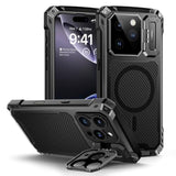 Heavy Duty Rugged Magnetic Phone Case for iPhone 16 Pro with Camera Cover and Stand, Black, Built-in Kickstand, Military-Grade Protection, Compatible with MagSafe