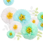 Tissue Paper Chrysanth Flowers With Butterfly And Olive Leaves For Wedding Baby Shower Nursery Room Parties & Events Decorations Pom Poms (White Mint Baby Blue)
