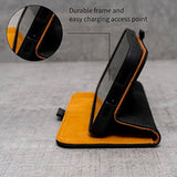 Leather Case for iPhone 14, Premium Genuine Leather Stand/Cover/Wallet/Flip Case with 2 Card Slots, Horizontal Stand, Durable Frame, Black/Tan