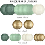 15-Pack Sage Green Gold Paper Lanterns Party Decorations