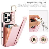 For Iphone 16 Pro Wallet Case With Card Holder, Hand Wrist Strap Loop Holder Kickstand, Rfid Blocking Finger Grip Ring Pu Leather Double Buttons Shockproof Cover 6.3" Rose Gold