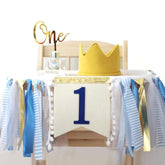 Baby Boy 1St Birthday Party Decorations By , Blue And Gold Set, Ribbon High Chair Banner, Birthday Crown Hat, Gold Cake Topper
