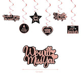Rose Gold Farewell Party Decor "We Will Miss You" Banner, Swirls, Toppers & Balloons