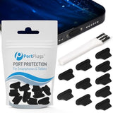 PortPlugs Anti Dust Plugs (10 Pack) - includes Charging Port Cleaning Brush - Flat Design Port Protector Cover - Compatible w/iPhone 14, 13,12,11 & Air Pods - Black
