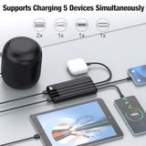 Portable Charger With Built In Cables,High Speed Power Bank 10000Mah Travel Battery Pack 5 Outputs 3 Inputs Portable Phone Charger Backup Battery For Iphone, Samsung, Ipad,Tablets (Black)