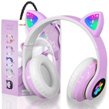 Bluetooth Noise Cancelling Headphones For Kids,Foldable Cat Headphone With Led Light Up Ear,Cat Ear Headphones For Toddler With Microphone/Tf Card,Kids Bluetooth Headphones For