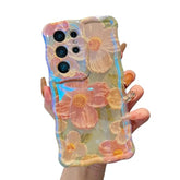 Case For Samsung Galaxy S25 Ultra, Colorful Retro Oil Painting Flower Cute Floral Aesthetic Curly Wave Frame Laser Glossy Reflective Exquisite Stylish Cover Girly Women-Green