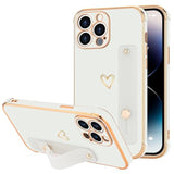 For Iphone 14 Pro Case For Women Girls, Bling Luxury Plated Bumper With Cute Love-Heart Design, Adjustable Hand Strap Stand, Raised Edges Shockproof Protection For Iphone 14 Pro - White