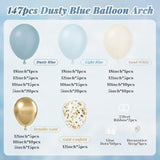 147Pcs Dusty Blue Balloon Garland Arch Kit, Light Baby Blue Sand White Metallic Gold Confetti For Birthday Wedding Bridal Shower Boho Baby Shower Party Decorations