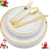 125-Piece Gold Plastic Plates Set Includes 25 Plates Forks Knives Spoons Disposable