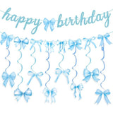 Blue Bow Birthday Banner Garland With Hanging Swirls For Baby Blue Bow Party Decor Coquette Birthday Decorations