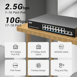 16 Port 2.5G Poe Switch Unmanaged With 16 Port 2.5Gb Base-T Poe+@250W + 2 X 10G Rj45 Uplink, 18 Port 2.5Gbe Ieee802.3Af/At Power Over Ethernet Switch, Support Wifi6 Ap, Nas, 4K Poe Camera Nvr.