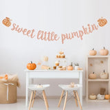 Sweet Little Pumpkin Banner, Autumn Baby Girl Birthday Party Banner, Halloween Thanksgiving Baby Shower Decoration, A Little Pumpkin Is On The Way Decor Rose Gold Glitter