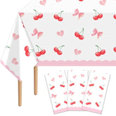 3Pcs Pink Bow Cherry Plastic Tablecloth, 54 X 108 Inch Waterproof Cherry Heart Party Table Cover, Coquette Cherry Birthday Decorations For Wedding, Baby Shower, Girls Birthday Party Supplies