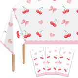3Pcs Pink Bow Cherry Plastic Tablecloth, 54 X 108 Inch Waterproof Cherry Heart Party Table Cover, Coquette Cherry Birthday Decorations For Wedding, Baby Shower, Girls Birthday Party Supplies