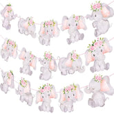 Elephant Party Banner 3Pcs Pink Baby Shower Decoration For Girl Floral Birthday Party Decoration Animals Themed Party Supplies