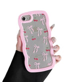 For Iphone 7/8/Se Case 4.7 Inch,Cute Curly Wave Frame Shape Case With Cherry Ribbon Bow Pattern, Clear Slim Shockproof Hard Pc Bumper Phone Cover For Women Girls, Peach Pink