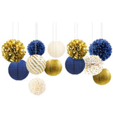 Navy Blue And Gold Decorations, 12Pcs Hanging Paper Lanterns Tissue Pom Poms Decor For Graduation Party, Winter Wedding, Mens Birthday, Memorial Day Decorations, New Years Party Supplies