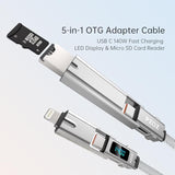 5-In-1 Otg Cable With Usb C Fast Charging Led Display And Micro Sd Card Reader, Multi Usbc Charger Combo Lightning/Type C/Usb A Tf Card Otg For Iphone Ipad Macbook Airpods Pro Samsung-140W 5 Ft