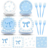96Pcs Blue Bow Party Plates And Napkins Blue Bow Birthday Supplies For Girl Bachelorette Bridal Engagement Baby Shower Coquette Tableware Dinnerware Serves 24 Guests Party Decorations