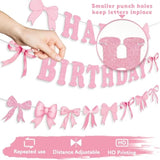 Pink Bow Happy Birthday Banner, Pink Bows Garland Banner Coquette Birthday Party Decorations For Girls Women Baby Showers Bow Theme Party