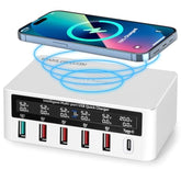 100W Usb Charging Station 6-Port With Wireless Charger, 5 Usb-A & 1 Usb-C Multi Device Charger Hub For Iphone Samsung Phones Tablets,Qi Charging Pad