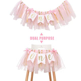 1st Birthday Girl Highchair Banner – Pink Tulle & Ribbon Cake Smash Prop