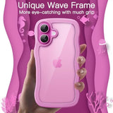 JETech Wavy Case for iPhone 16 Plus 6.7-Inch, Cute Wave Frame Curly Shape Shockproof Phone Cover for Women and Girls, Clear Hard PC Back (Pink)