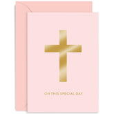 Old English Co. Baptism Card For Girl - Pink Crucific Cross Gold Foil Card - Christening Baby Naming Day - For Niece, Goddaughter, Daughter, Grandaughter | Blank Inside With Envelope