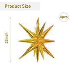 6 Pcs 22-Inch Gold Starburst Foil Balloons 14-Pointed 4D Star Cone Decor