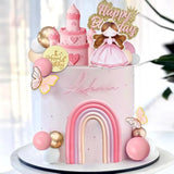 34Pcs Princess Cake Topper Castle Rainbow Cake Decoration With Pink Butterflies Cartoon Castle Pearl Balls For Pink Girl Princess Theme Birthday Baby Shower Party Supplies