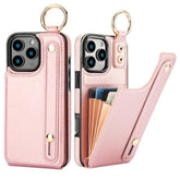 For Iphone 16 Pro Max Wallet Case With Card Holder, Hand Wrist Strap Loop Holder Kickstand, Rfid Blocking Finger Grip Ring Pu Leather Double Buttons Shockproof Cover 6.9" Rose Gold