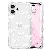 Bow Case For Iphone 16, Cute Ribbon Bows Wavy Curly Frame Clear Phone Case For Girls Women, Aesthetic Bowknot Transparent Soft Silicone Tpu Bumper Shockproof Protective Cover - White